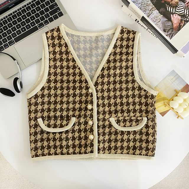 V-Neck Plaid Tweed Button Cropped Vest