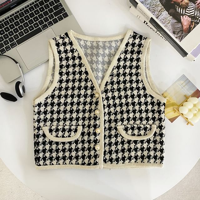 V-Neck Plaid Tweed Button Cropped Vest