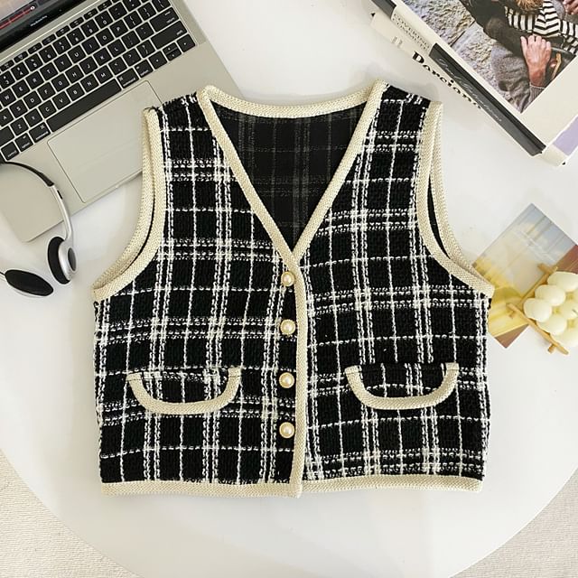 V-Neck Plaid Tweed Button Cropped Vest