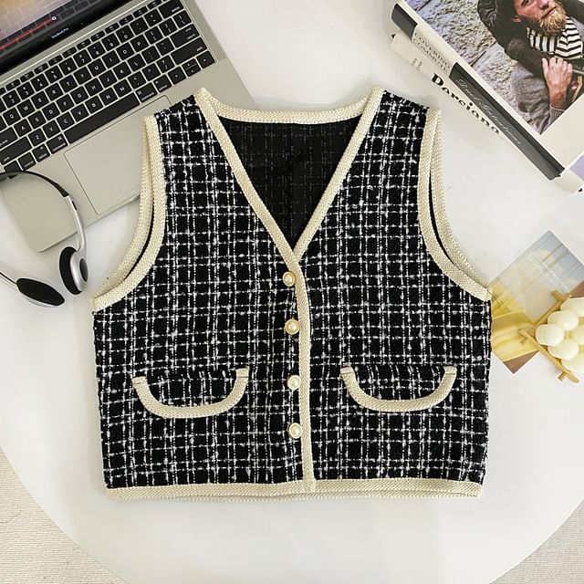 V-Neck Plaid Tweed Button Cropped Vest