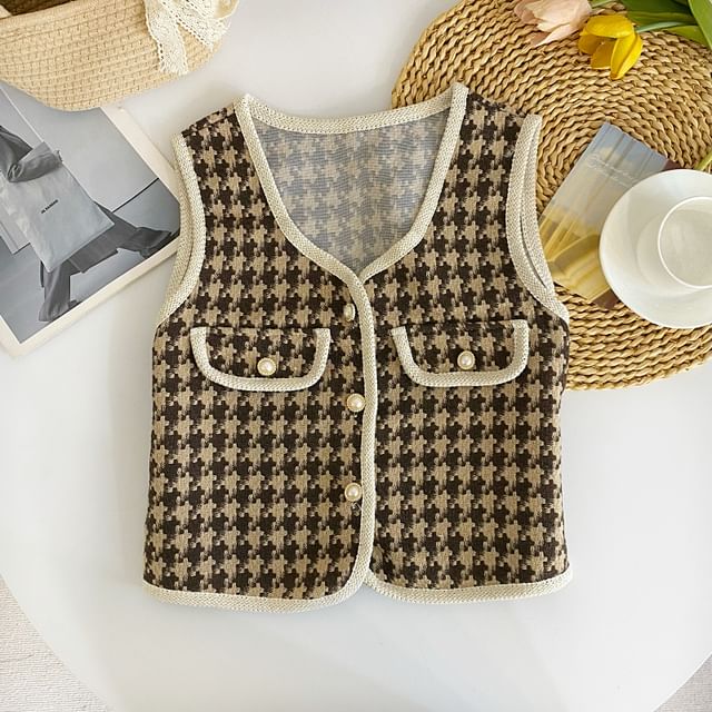 V-Neck Houndstooth Button Cropped Vest