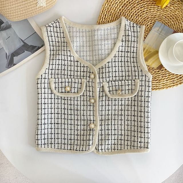 V-Neck Houndstooth Button Cropped Vest