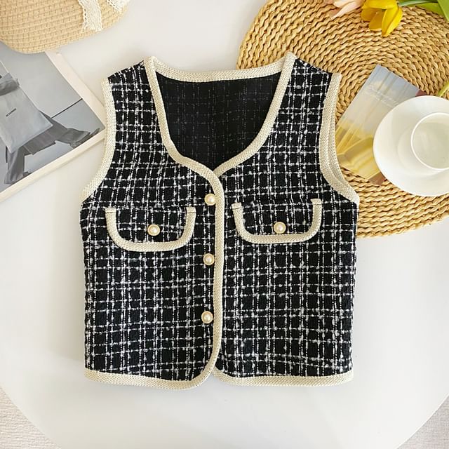 V-Neck Houndstooth Button Cropped Vest