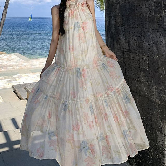 Halter Midi Floral Tiered A-Line Sleeveless Sundress