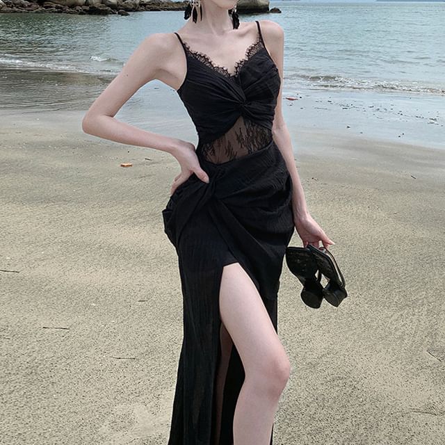 Panel Dress Knot Sheath Strap Spaghetti Maxi Lace Slit