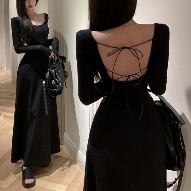 A-Line Long-Sleeve Maxi Back Round Plain Open Neck Dress