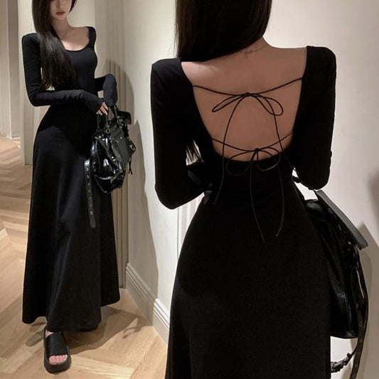 A-Line Long-Sleeve Maxi Back Round Plain Open Neck Dress