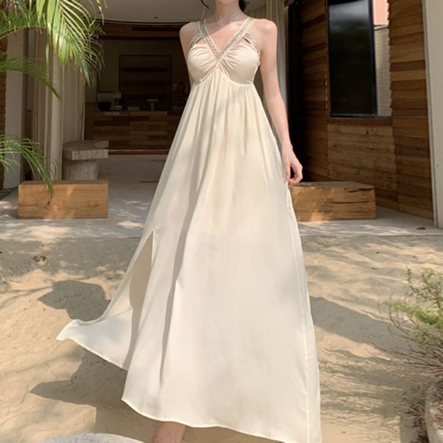 V-Neck Sleeveless Dress A-Line Maxi Slit Cutout