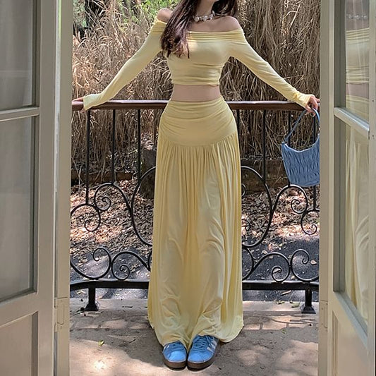 Fit Long-Sleeve Slim A-Line Crop + Plain Set: Maxi Skirt Off-Shoulder Tee High Waist