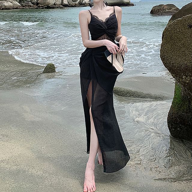 Panel Dress Knot Sheath Strap Spaghetti Maxi Lace Slit