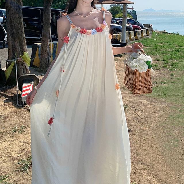 Midi Strap Accent Dress A-Line Flower Spaghetti