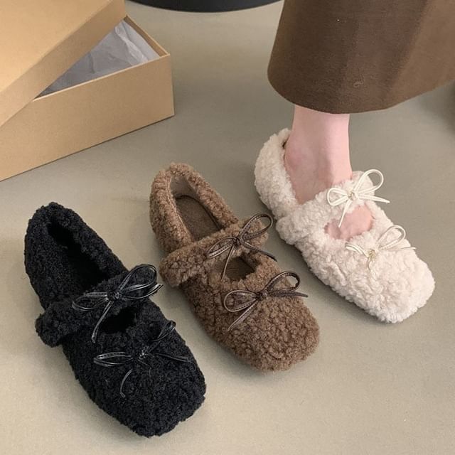 Shoes Wedge Fleece Hidden Square Jane Bow Mary Toe