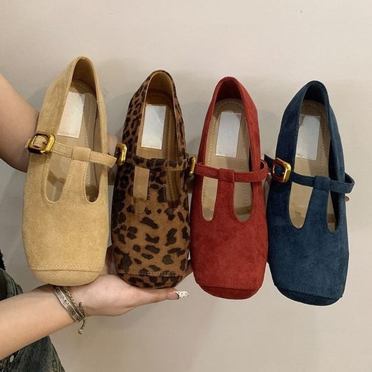 Flats Suede T-Strap Toe Square Faux
