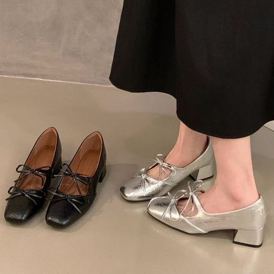 Block Square Toe Heel Mary Pumps Bow Jane