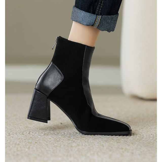 Block Short Square Faux Toe Suede Panel Boots Heel