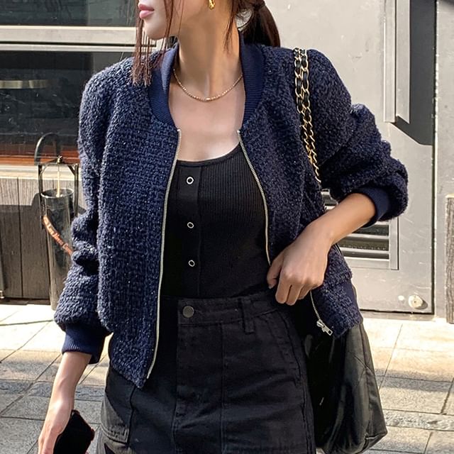 Tweed Zip Bomber Jacket