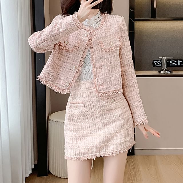 Set: Band Collared Tweed Button Jacket + High Waist Plain Mini Pencil Skirt