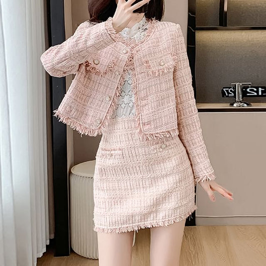 Set: Band Collared Tweed Button Jacket + High Waist Plain Mini Pencil Skirt