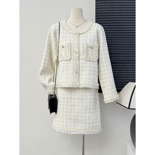Set: Round-Neck Tweed Jacket + A-Line Skirt
