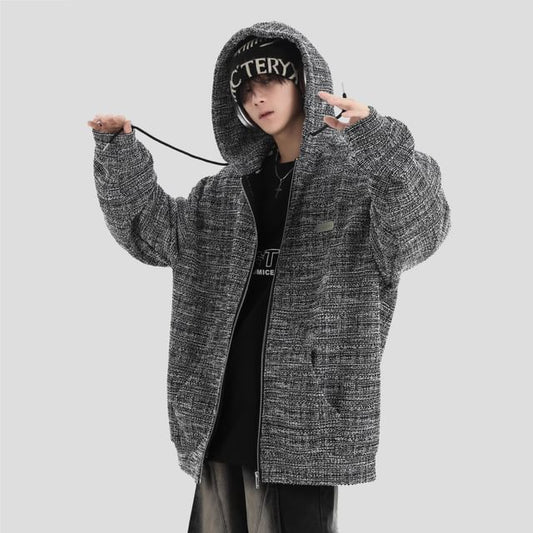 Couple Matching Hood Fleece-Lined Tweed Zip Jacket