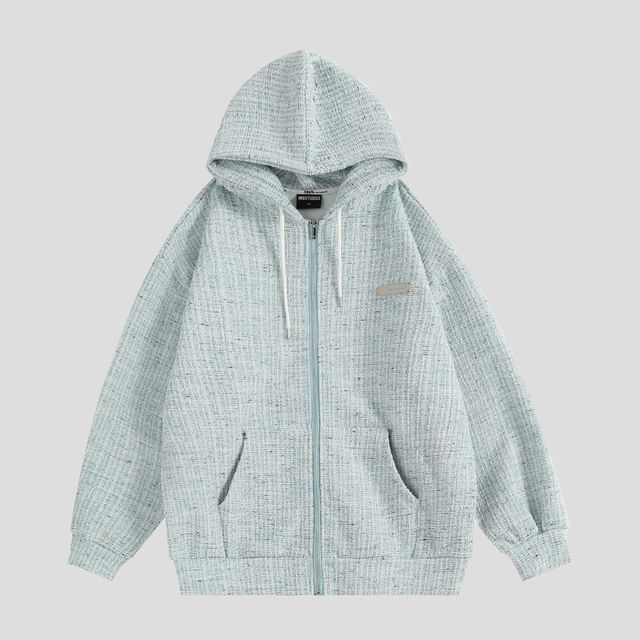 Couple Matching Hood Fleece-Lined Tweed Zip Jacket