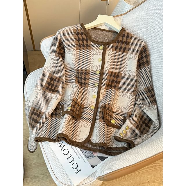 Plaid Round-Neck Wool Jacket