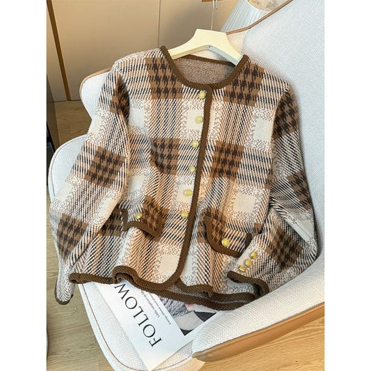 Plaid Round-Neck Wool Jacket