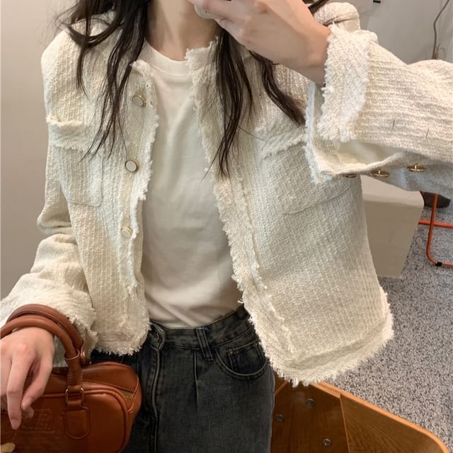 Round Neck Plain Tweed Button Jacket