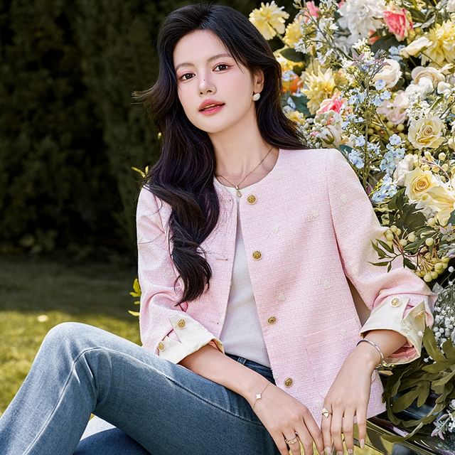 Round Neck Plain Tweed Cropped Button Jacket