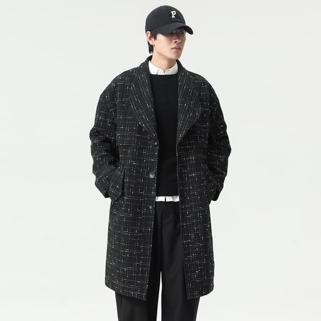 Collared Tweed Button-Up Long Coat