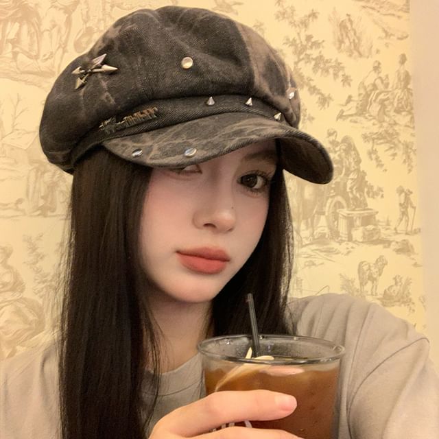 Applique Star Cap Newsboy Denim Studded