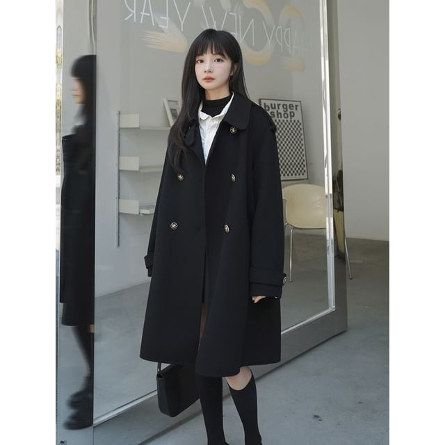 Plain Long Double-Breasted Coat