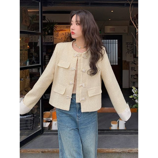 Plain Applique Tweed Single-Breasted Jacket