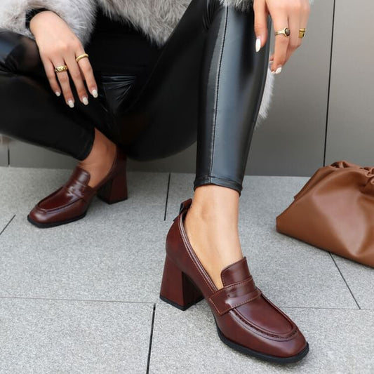 Faux Loafers Chunky Leather Heel Penny