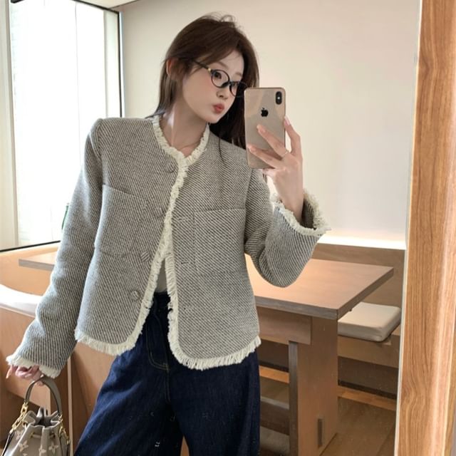 Crew Neck Frayed Button-Up Tweed Jacket / High Waist Washed Wide Leg Jeans