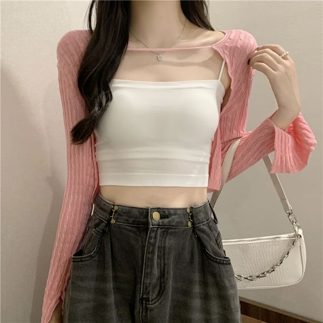 Cable Knit Cropped Solid Cardigan