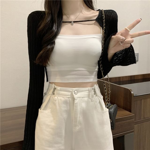 Cable Knit Cropped Solid Cardigan