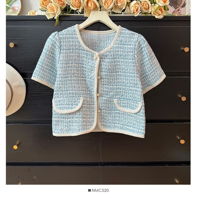 Short-Sleeve Round-Neck Tweed Jacket in 6 Colors