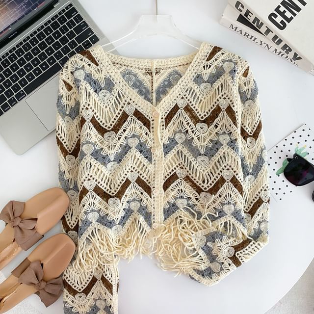 Colorblock V-Neck Fringed Cropped Cardigan