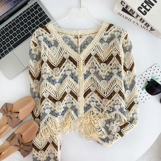 Colorblock V-Neck Fringed Cropped Cardigan