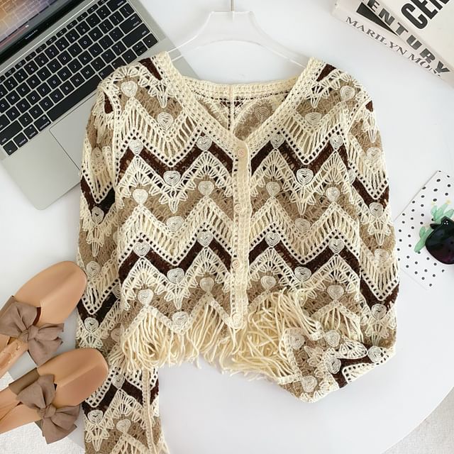 Colorblock V-Neck Fringed Cropped Cardigan
