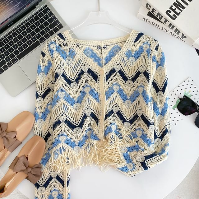 Colorblock V-Neck Fringed Cropped Cardigan