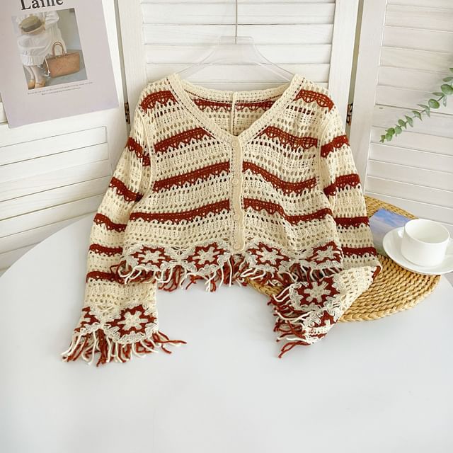 Fringed V-Neck Striped Knit Cardigan