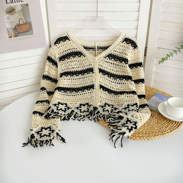 Fringed V-Neck Striped Knit Cardigan