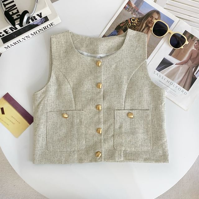Round Neck Tweed Button Vest