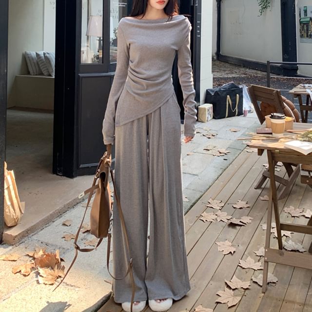 Set: Long-Sleeve Off Shoulder Plain Ruched Slit Tee + Mid Rise Plain Wide Leg Pants