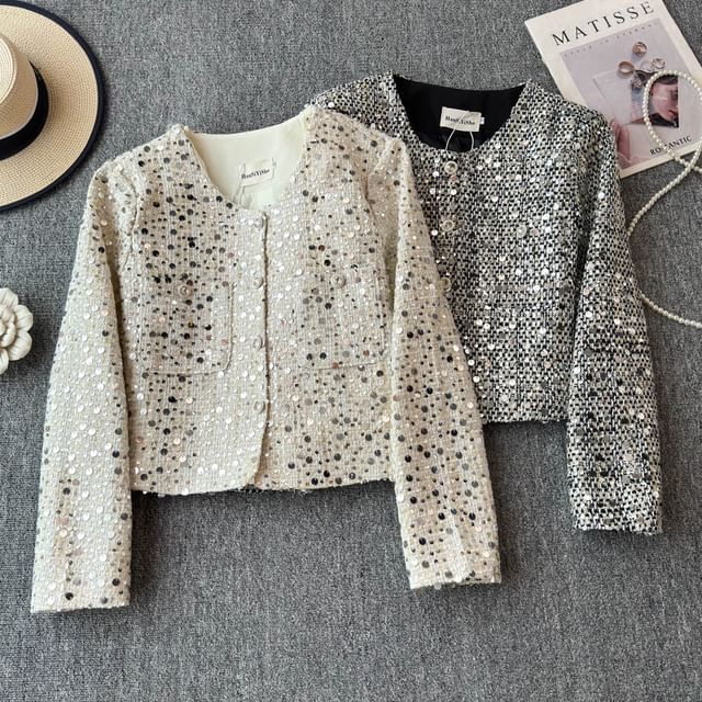 Round Neck Sequin Tweed Cropped Jacket