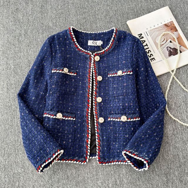 Long Sleeve Braided Trim Tweed Blazer