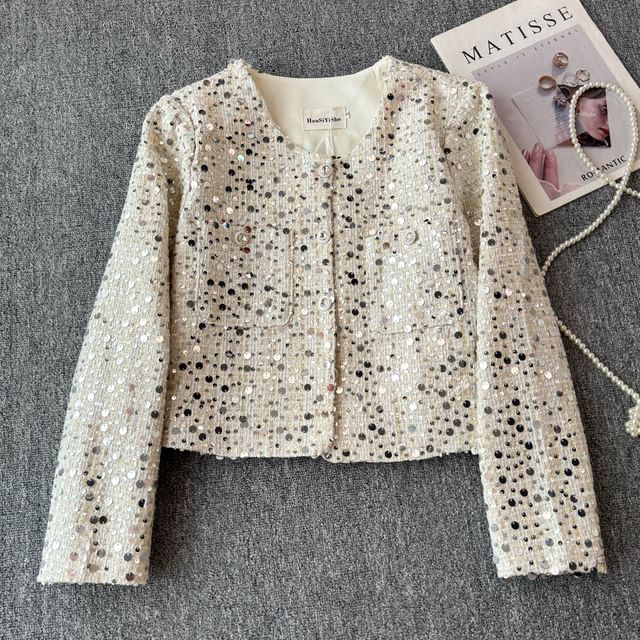 Round Neck Sequin Tweed Cropped Jacket