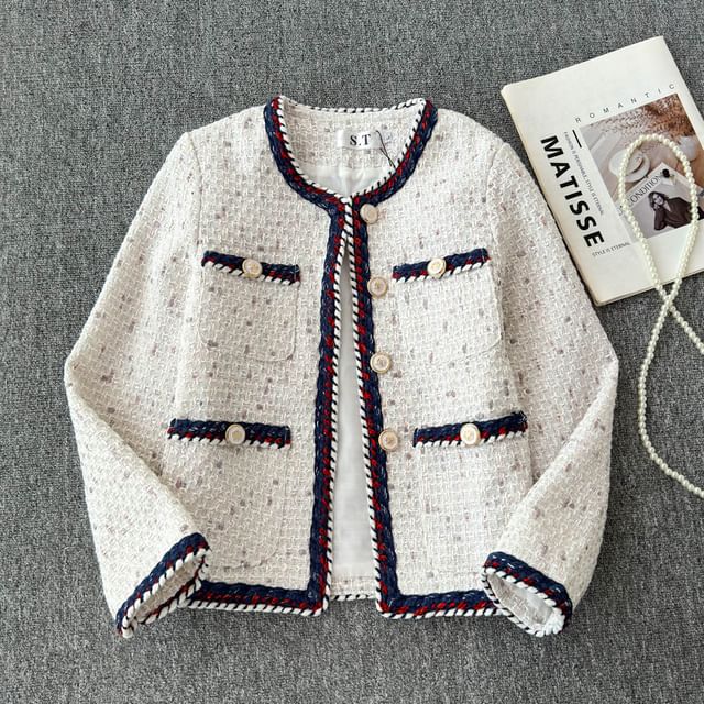 Long Sleeve Braided Trim Tweed Blazer